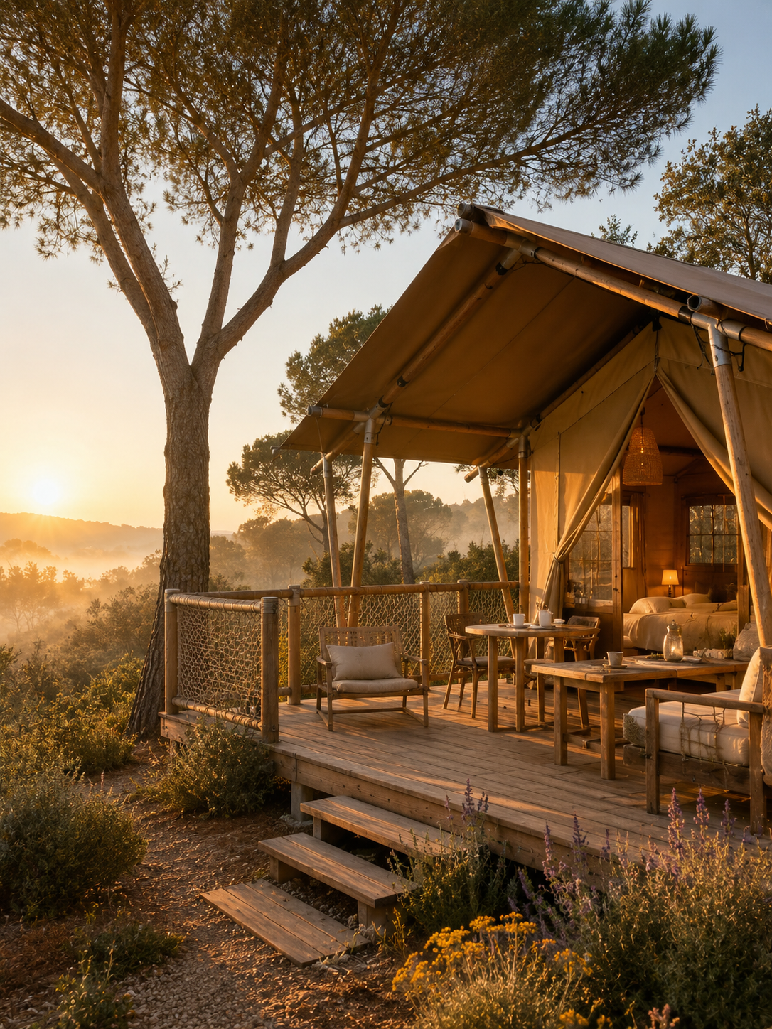 Lodge de camping haut de gamme au lever du jour