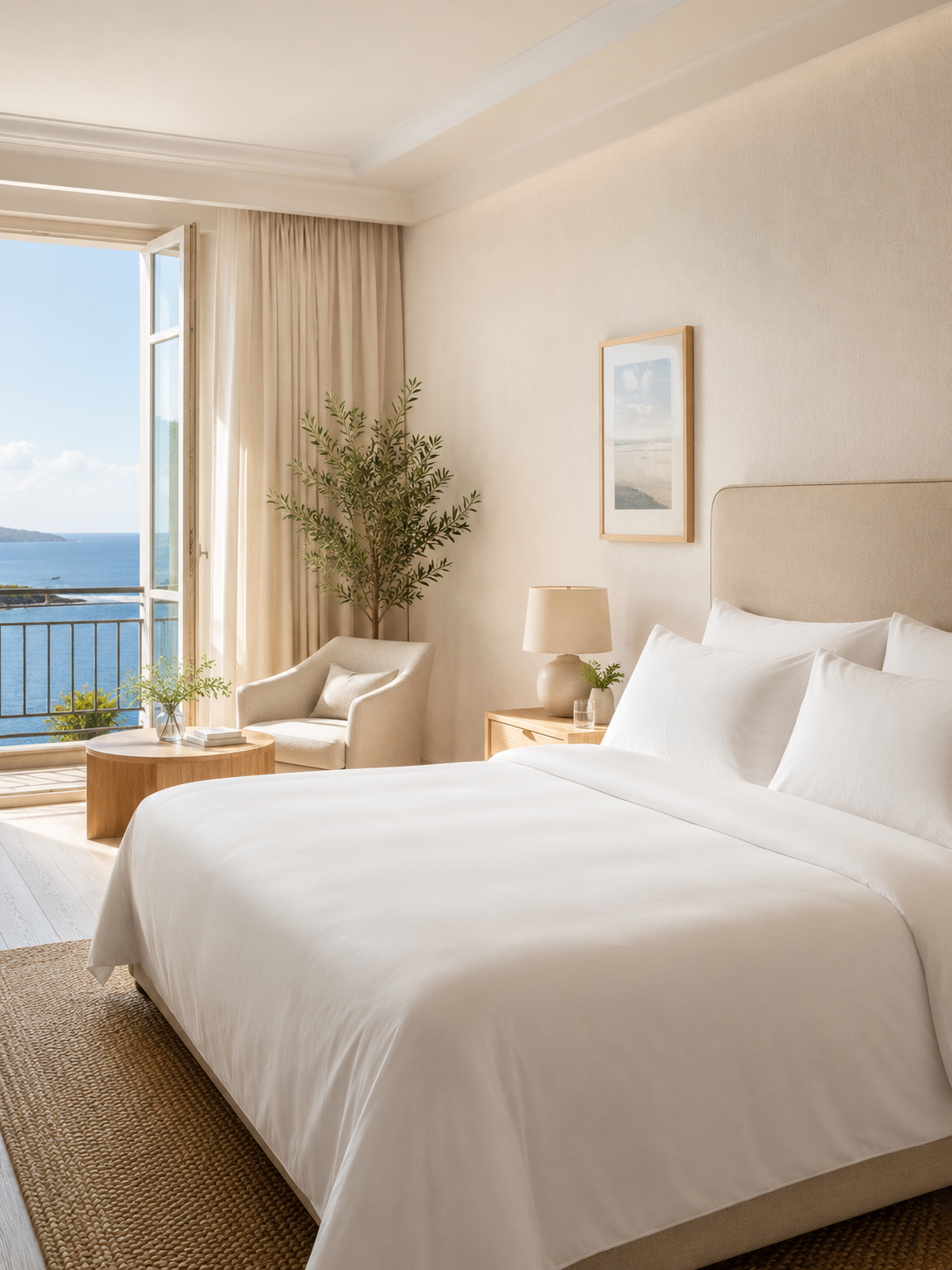 Chambre d'hôtel lumineuse avec vue sur la mer