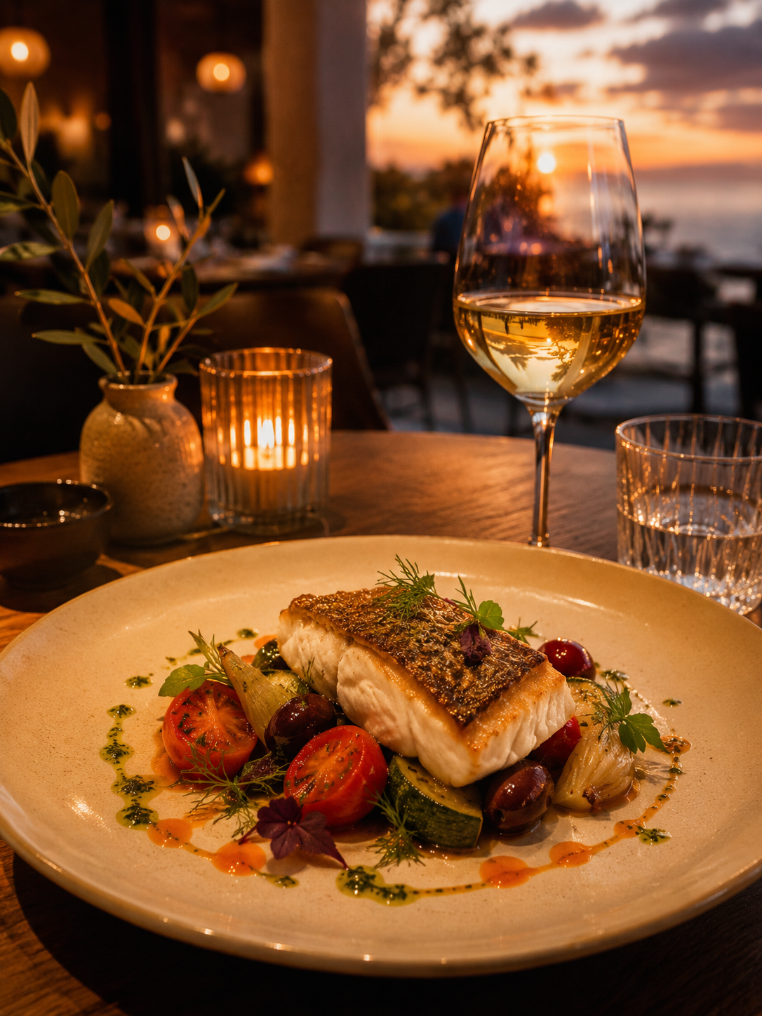 Plat gastronomique servi en terrasse au coucher du soleil