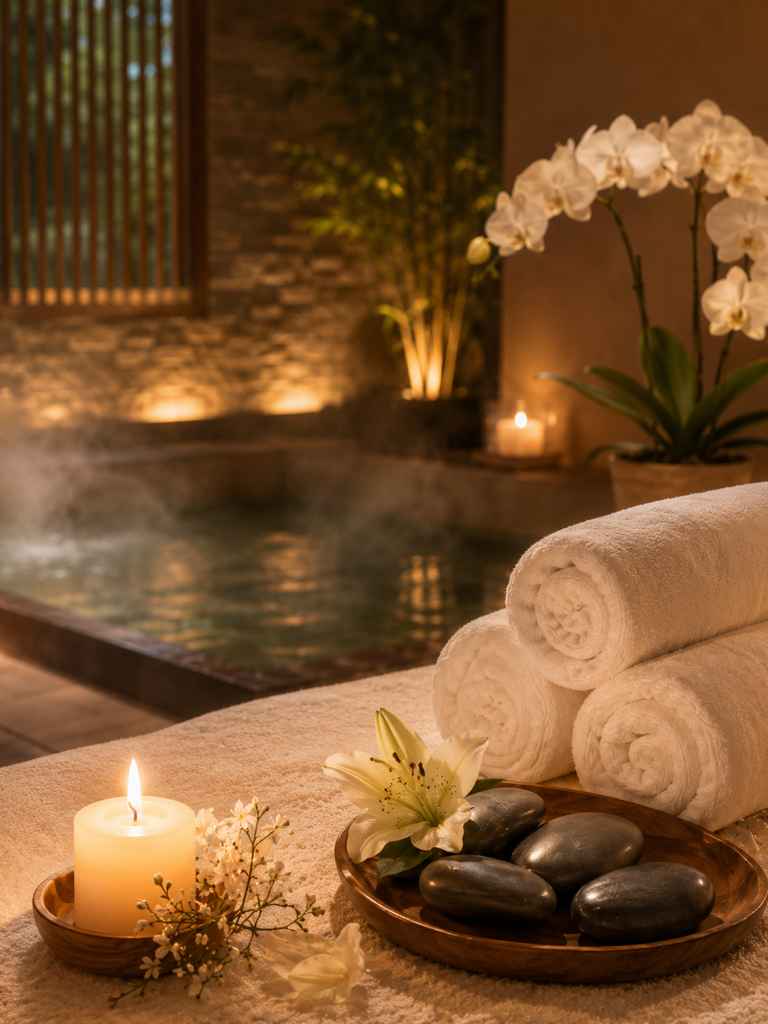 Espace spa avec serviettes, pierres de massage et bassin
